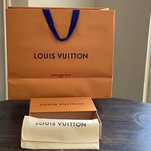 Louis Vuitton Orange Box with Blue Script, Envelope Style Dust Bag and Bag